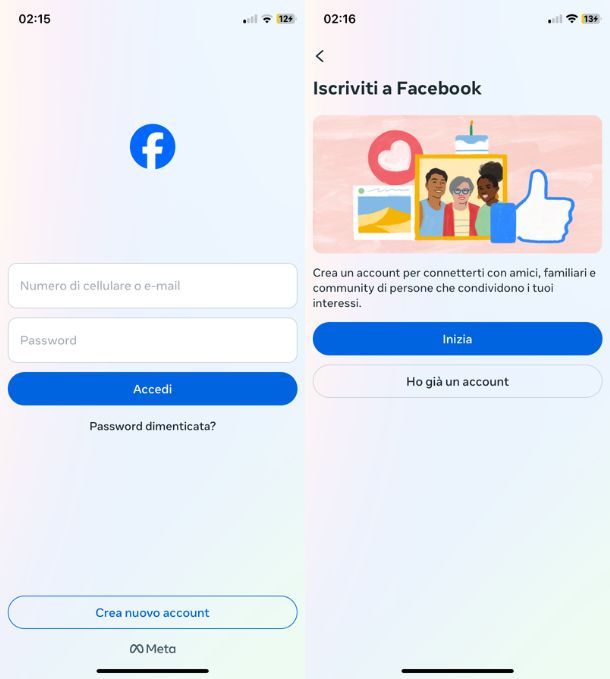 Creare account Facebook da app