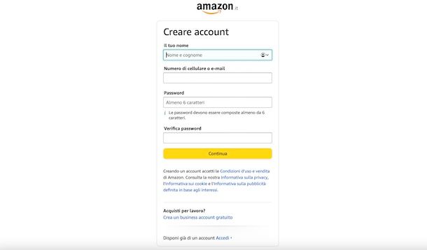 Creare nuovo account Amazon