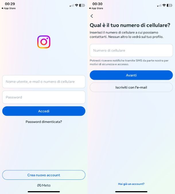 Creare un nuovo account Instagram da app