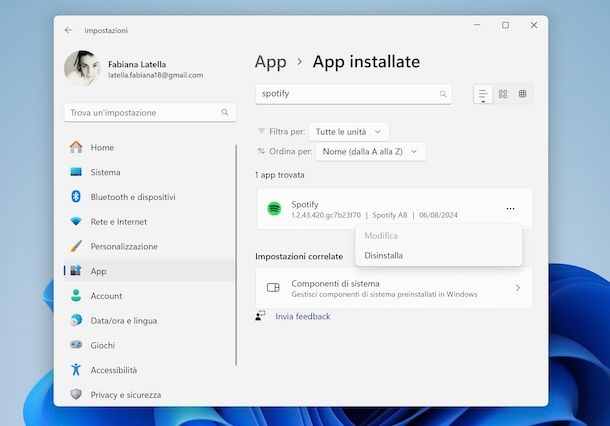 Disinstallare Spotify da Windows 11 tramite Impostazioni