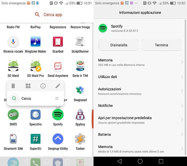 Disinstallare Spotify Android