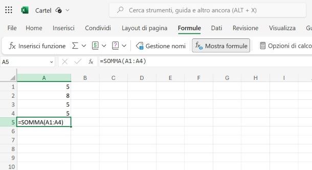 Mostrare le formule su Excel Online