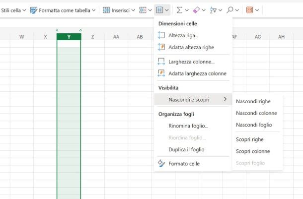 Come nascondere colonne in Excel Online