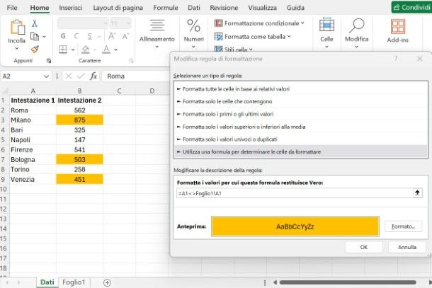 Come confrontare due file Excel con la formattazione condizionale