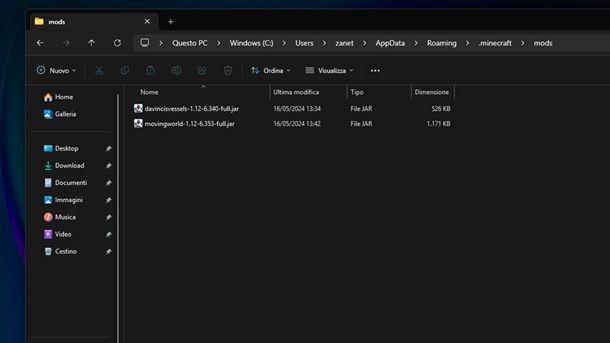 Cartella mod Minecraft Java