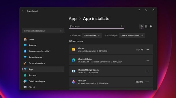 Windows 11 lista app installate