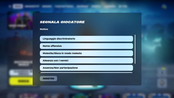 Segnalare giocatore Fortnite