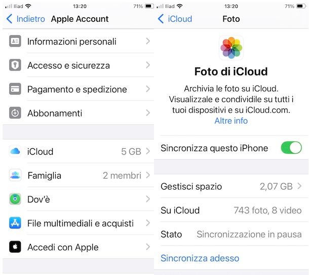 Sincronizzare foto su iCloud