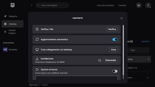 Verifica e ripara i file di gioco Fortnite PC Epic Games Launcher