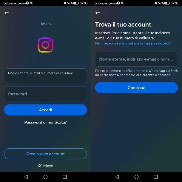 Recuperare password Instagram con email