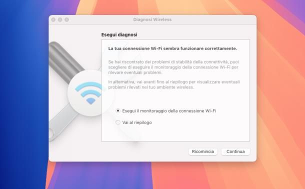 Se da una prima analisi non emergono problemi, seleziona la voce Esegui il monitoraggio della connessione Wi-Fi, premi sul bottone Continua e aspetta che il monitoraggio della tua rete wireless venga effettuato. Al termine dell'analisi, fai clic sui pulsanti Info nel pannello Riepilogo per maggiori informazioni su ciascuna voce nell'elenco.