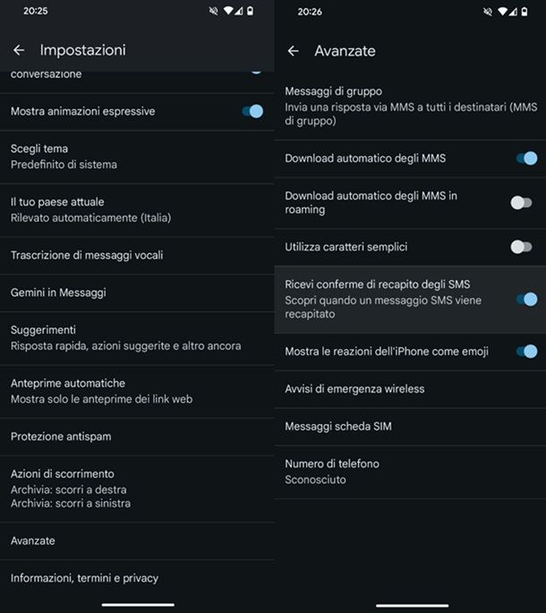 Conferme di recapito SMS Android Messaggi