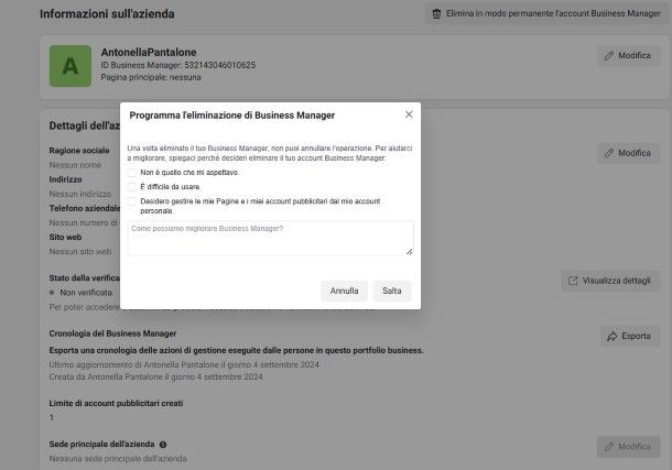 Come eliminare account Facebook Business