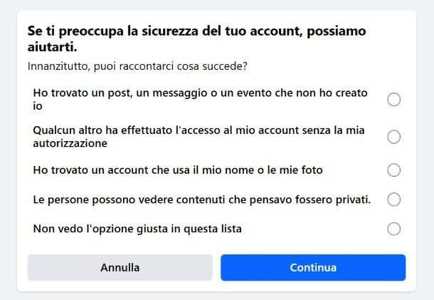 Come eliminare account Facebook rubato