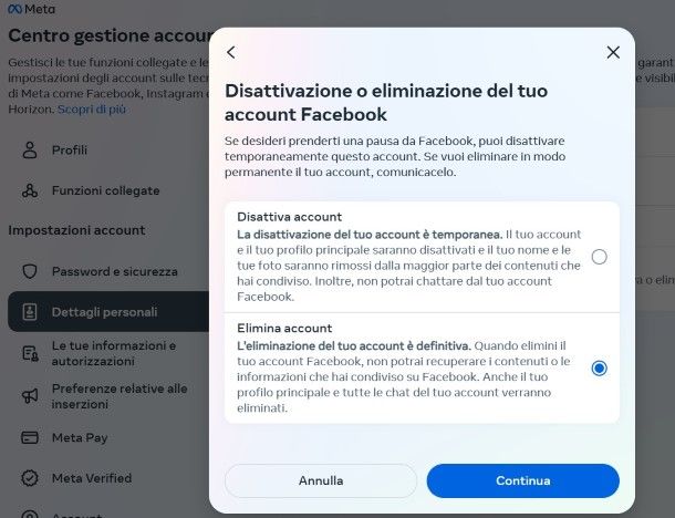 Come eliminare account Facebook da PC