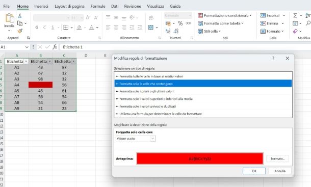 Come evidenziare celle vuote Excel