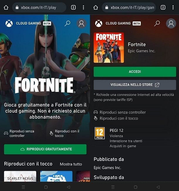 Giocare a Fortnite Xbox Cloud Gaming Android