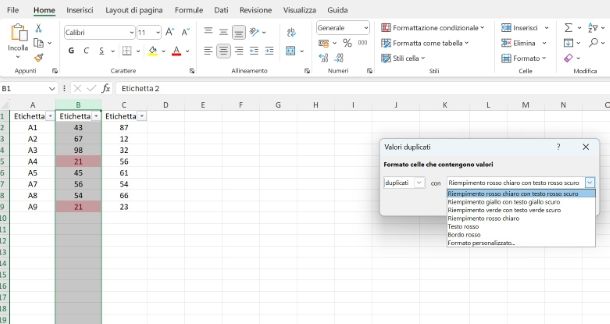 Come evidenziare celle doppie Excel