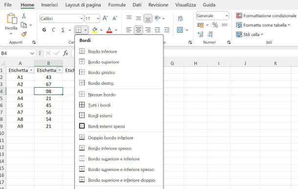 Come evidenziare i bordi delle celle in Excel