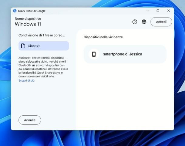 Come trasferire file da PC a telefono senza cavo: Quick Share (Windows)