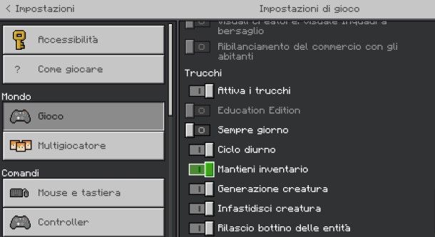 Come mettere il Keep Inventory su Minecraft Bedrock Edition