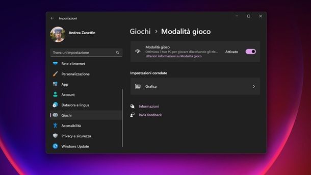 Liberare risorse e attivare la modalità gaming Windows 11