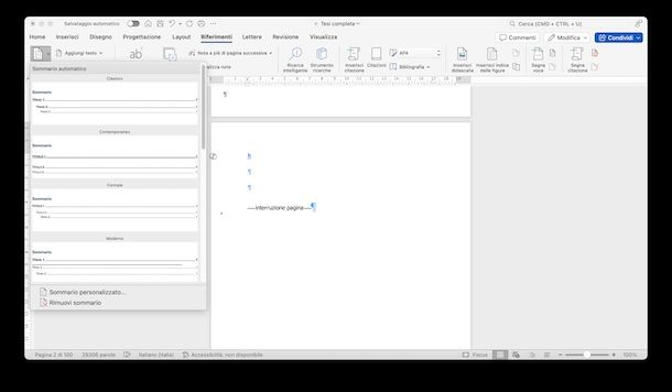 Sommario Word macOS