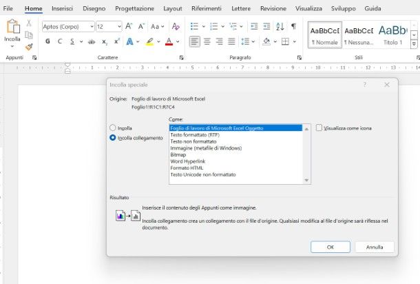 Word: inserire collegamento tabella Excel