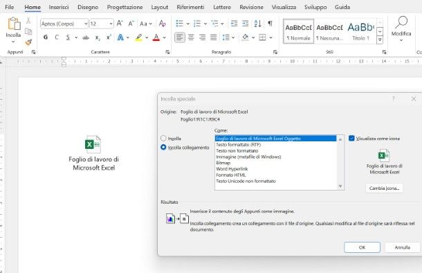 Come inserire un file Excel in Word come icona