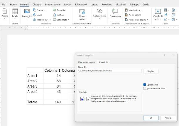 Word: inserire collegamento tabella Excel