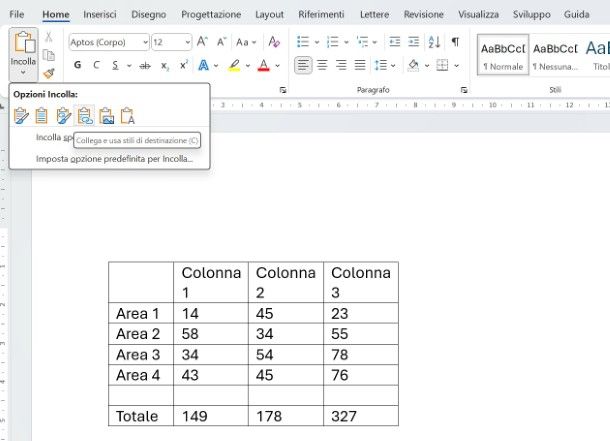 Word: inserire collegamento tabella Excel