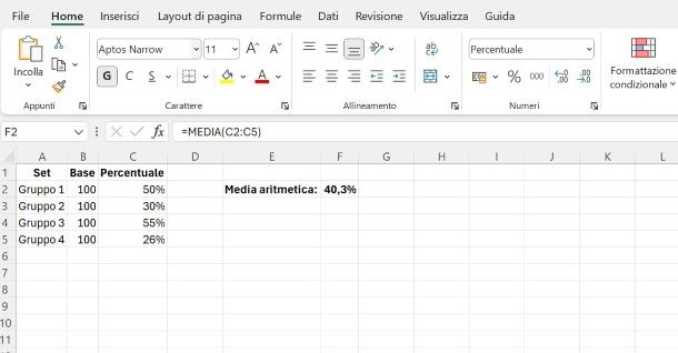 Come fare media tra percentuali Excel