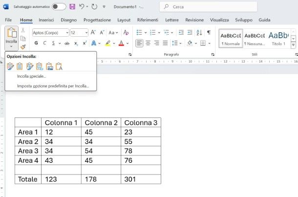 Incollare la tabella Excel su Word