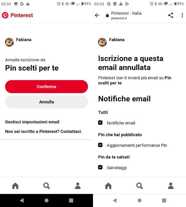 Eliminare Pinterest da email Android