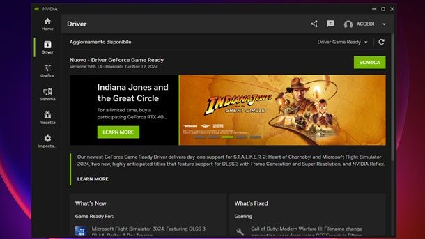 Aggiornamento driver NVIDIA App