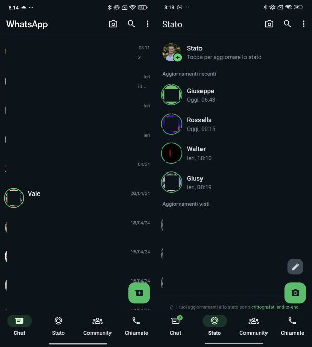 Togliere cerchio verde stato WhatsApp Android