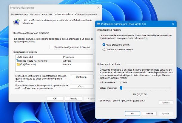 Windows 11 attivazione punto di ripristino