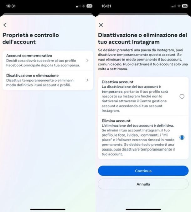 Eliminare account Instagram da app