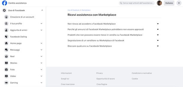 Contattare Facebook Marketplace online