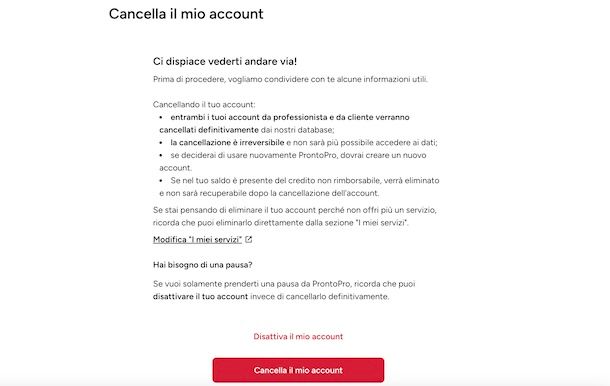 Cancellare account ProntoPro