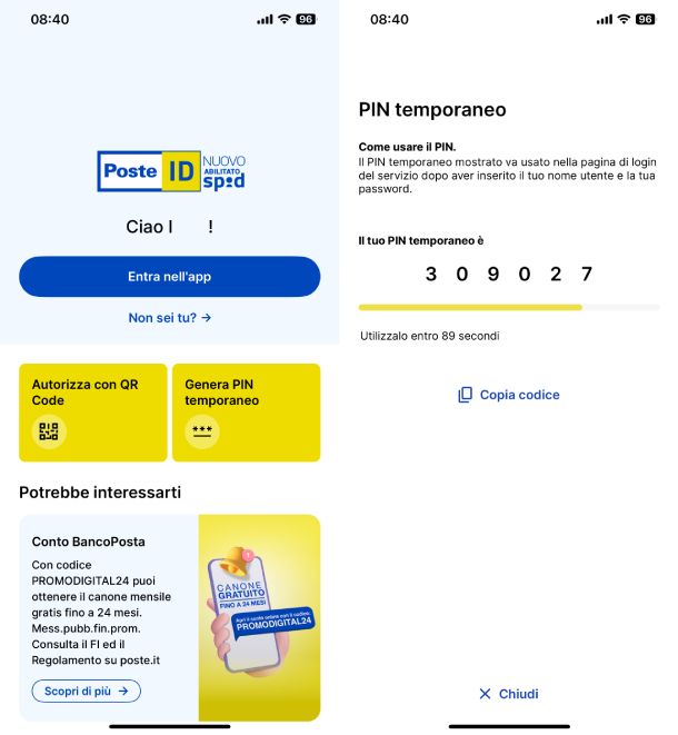 PIN temporaneo app PosteID