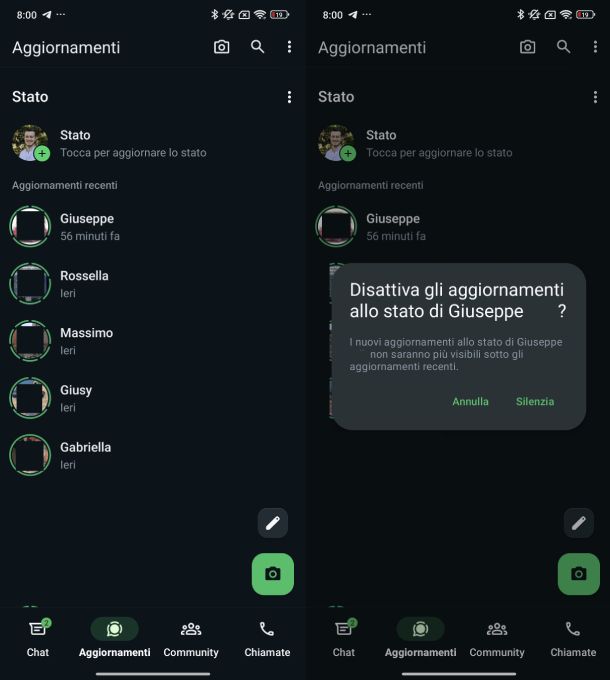 Disattivare aggiornamenti stato WhatsApp Android