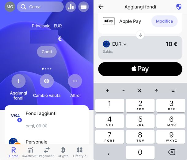 schermate aggiunta fondi con Apple Pay app Revolut