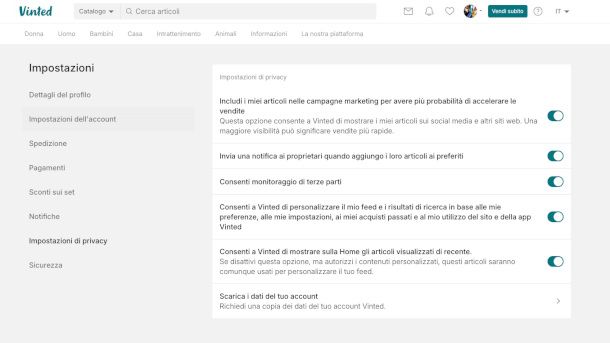 Impostazioni privacy Vinted