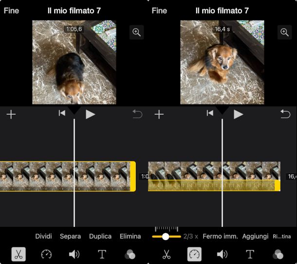 interfaccia app iMovie con funzioni per rallentare