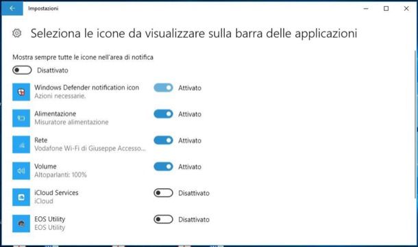 Come eliminare icone dalla barra delle applicazioni Windows 10