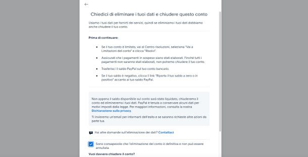 schermata informativa chiusura conto e cancellazione dati PayPal