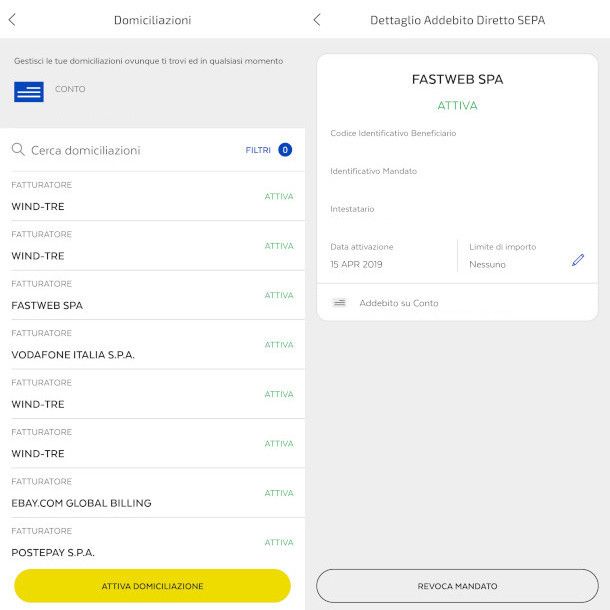 annullamento mandato di domiciliazione da app Postepay