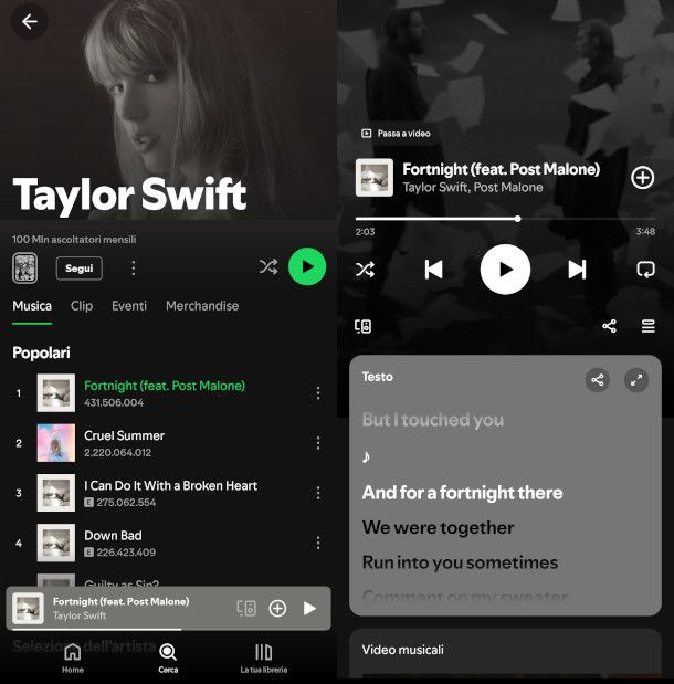 visualizzazione del testo di una canzone da app Spotify