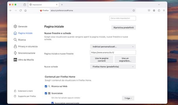 Cambiare pagina iniziale Firefox
